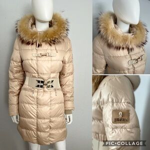 SALE💥NWT WOMEN DOWN PARKA BEIGE PUFFER COAT JACKET REAL RACCOON‎ FUR TRIM HOOD